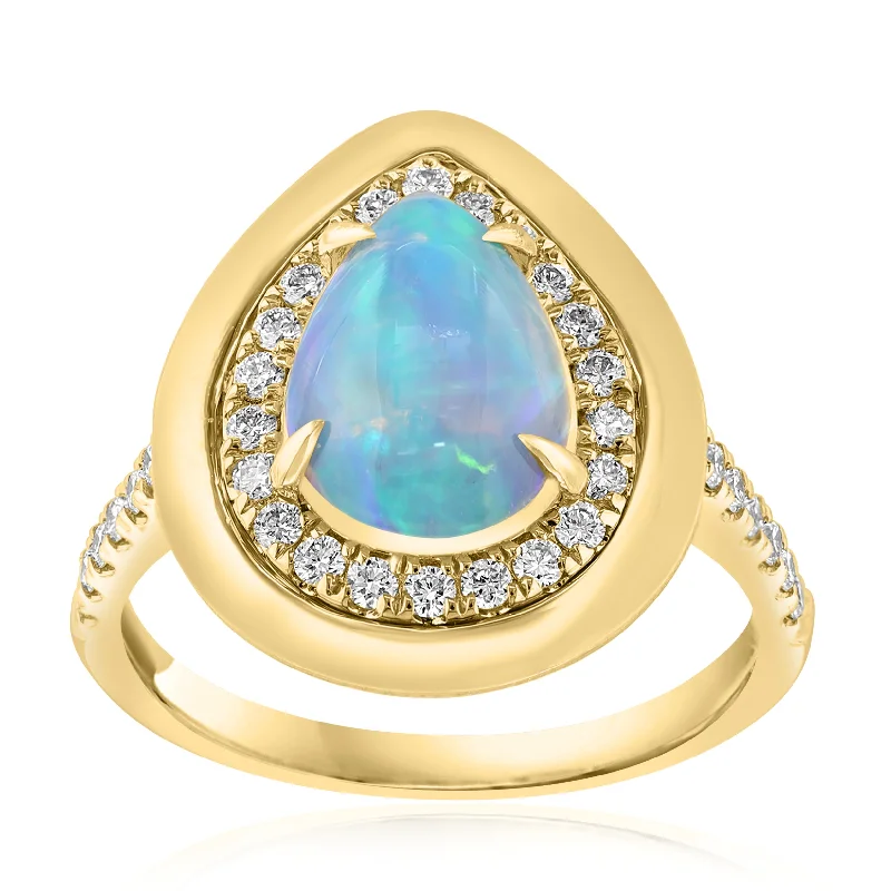 Women's geometric rings-14K Yellow Gold Ethiopian Opal Ring with Diamond Halo