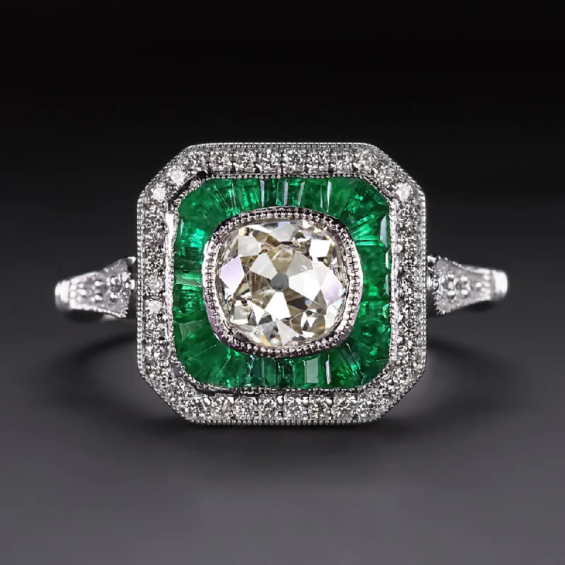 Women's evil eye rings-OLD MINE CUT DIAMOND EMERALD COCKTAIL RING VINTAGE STYLE WHITE GOLD CALIBRE HALO