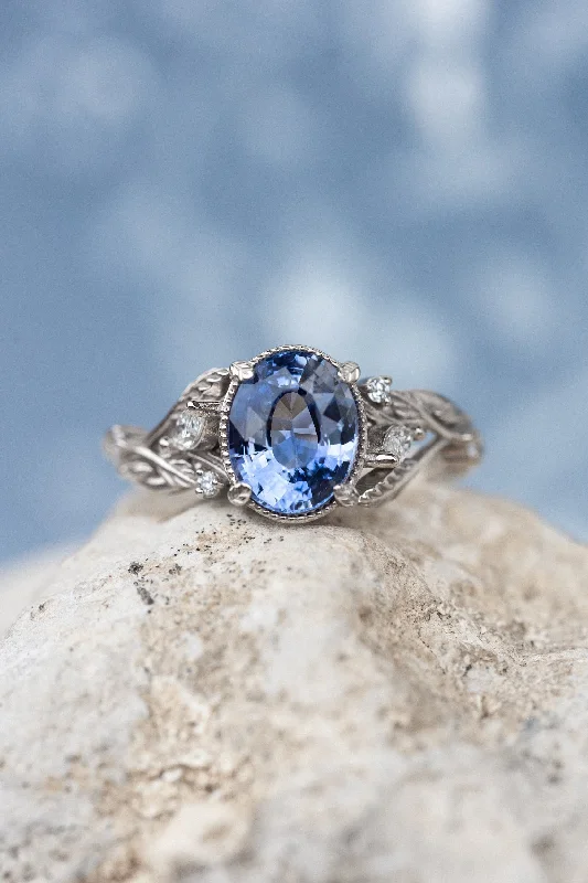 Women's sterling silver rings-READY TO SHIP: Patricia ring in 14K white gold, natural blue sapphire 8.8x6.6 mm, accent natural diamonds, AVAILABLE RING SIZES: 5.5 - 8.5 US