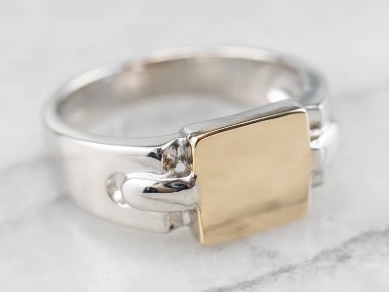 Women's silver-plated rings-Unisex Platinum and Gold Signet Ring