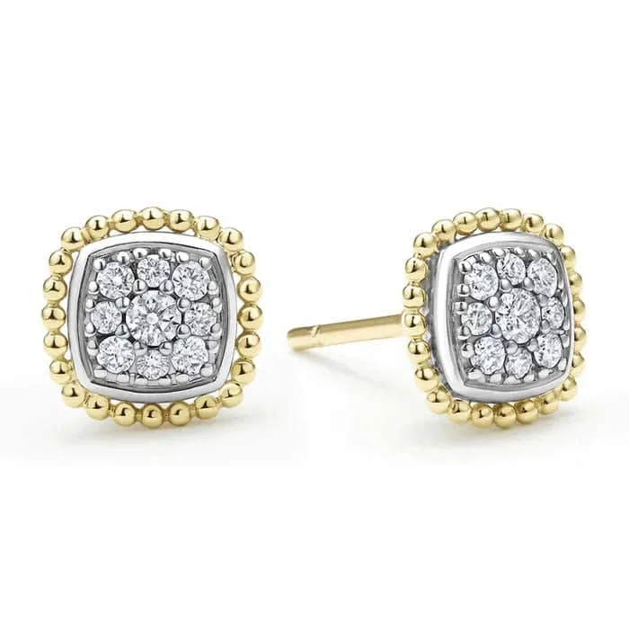 Women's holiday earrings-LAGOS Rittenhouse Two-Tone Caviar Diamond Stud Earrings in Sterling Silver and 18K Yellow Gold