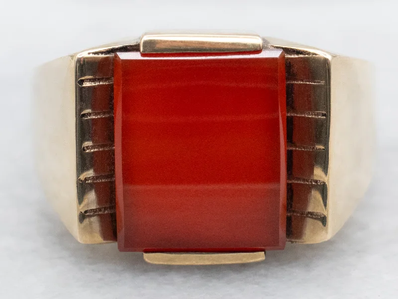 Women's gold rings-Mid-Century Modern Carnelian and Gold Men's Ring