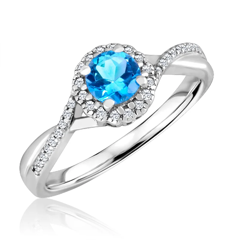 Women's cocktail rings-Blue Topaz and Diamond Halo December Birthstone Ring in Sterling Silver