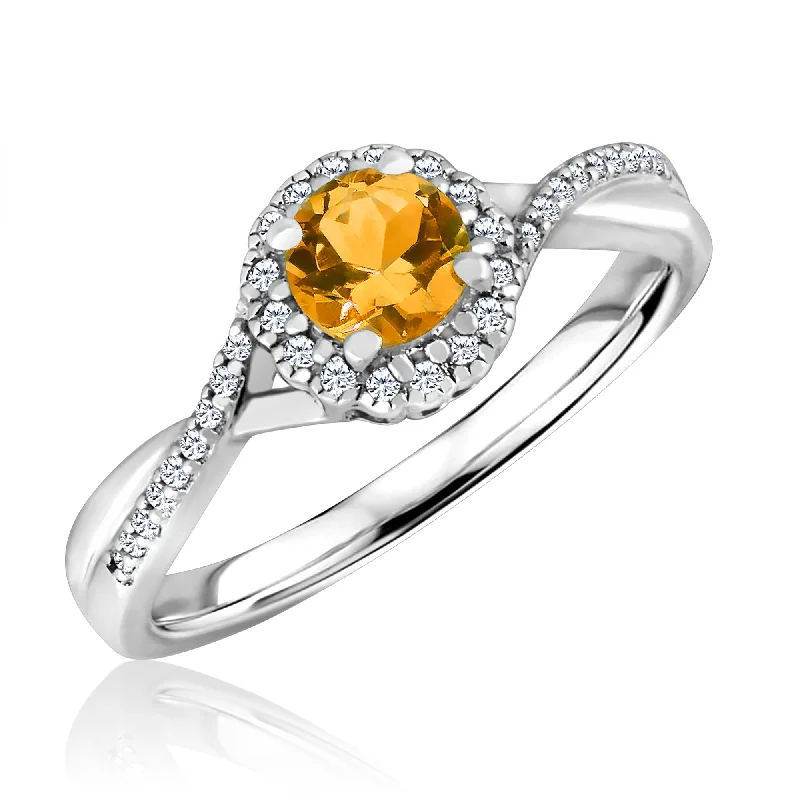 Women's eco-friendly rings-Citrine and Diamond Halo November Birthstone Ring in Sterling Silver