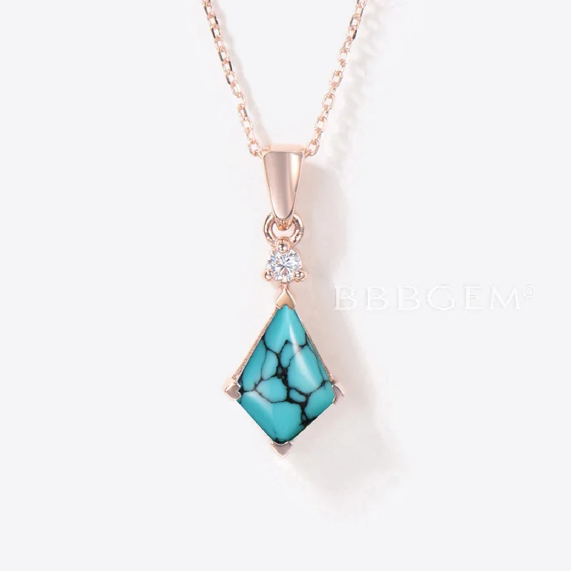 Women's rose gold necklaces-Rose Gold Kite Cut Turquoise Necklace Diamond Bridal Pendant