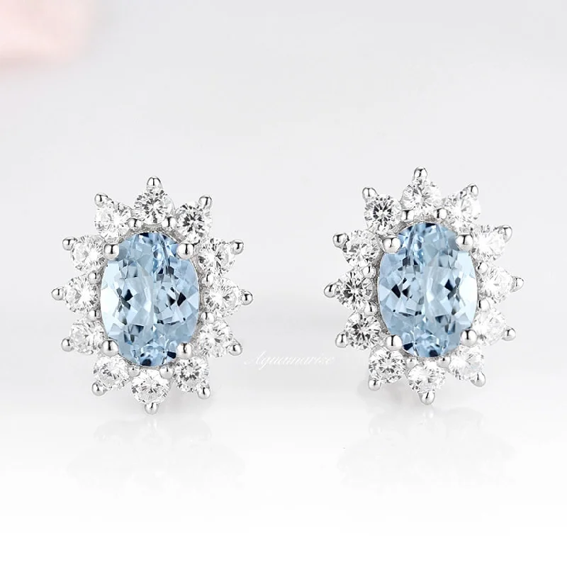 Women's mother-daughter earrings-Diana Halo Oval Aquamarine Stud Earrings- Sterling Silver