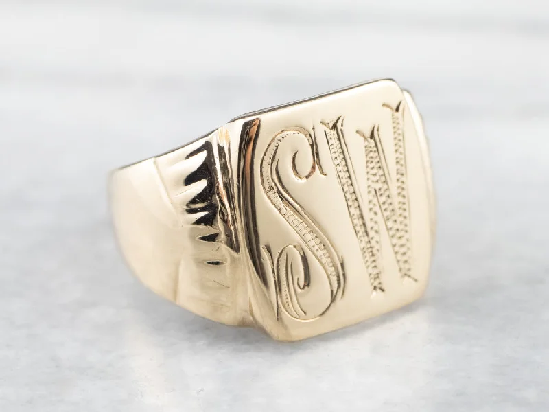 Women's spiritual rings-Mid-Century "SW" Gold Signet Ring