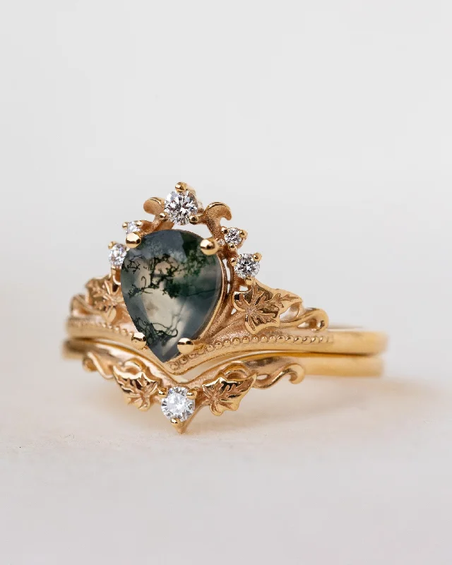 Women's pearl rings-READY TO SHIP: Ariadne ring set in 18K yellow gold, pear cut moss agate, accent lab grown diamonds, RING SIZE:  5.5 - 8.5 US