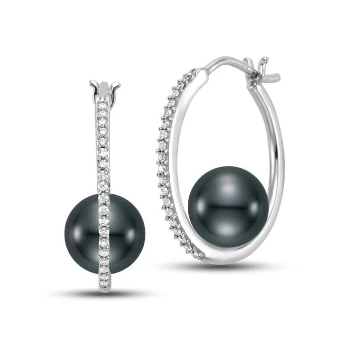 Women's luxury gift earrings-Mastoloni 8.5-9MM Tahitian Pearl and Diamond Hoop Earrings in 14K White Gold