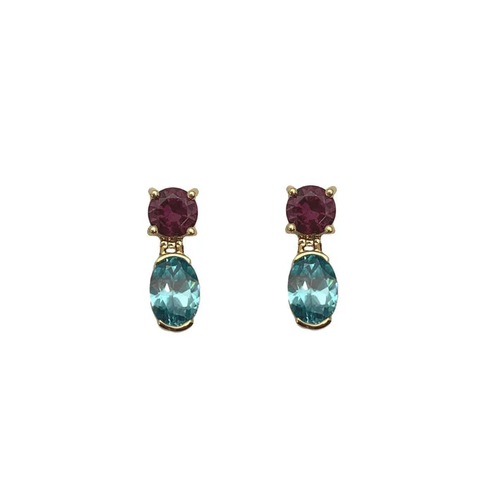 Women's graduation earrings-Roger Dery Rhodolite Garnet and Blue Zircon Drop Earrings in 14K Yellow Gold