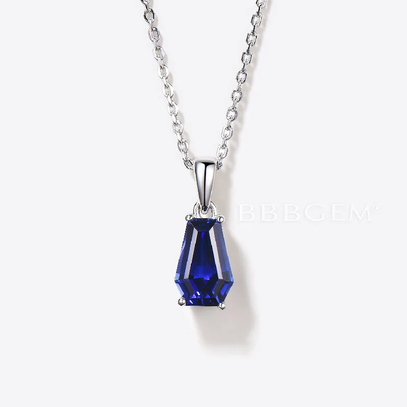 Women's DNA necklaces-Coffin Cut Blue Sapphire Necklace 14k White Gold Wedding Pendant