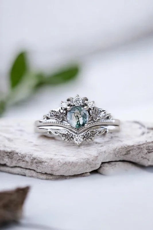 Women's rose gold rings-READY TO SHIP: Ariadne bridal ring set in 14K white gold, natural moss agate 5 mm, accent lab grown diamonds, AVAILABLE RING SIZES: 5.5 - 11 US