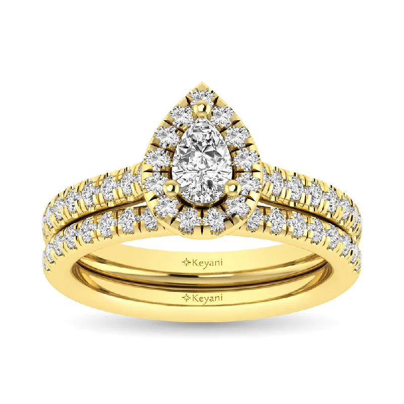 Handmade women's rings-Diamond Classic Shank Single Halo Bridal Ring 1 ct tw Pear Cut in 14K Yellow Gold