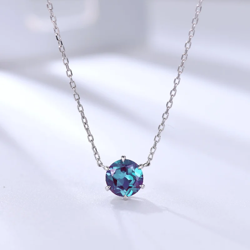 Women's moon phase necklaces-Round Alexandrite Solitaire Pendant Minimalist Necklace