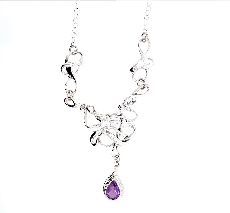 Women's platinum necklaces-Silver Necklace -Abstract Design set with Amethyst