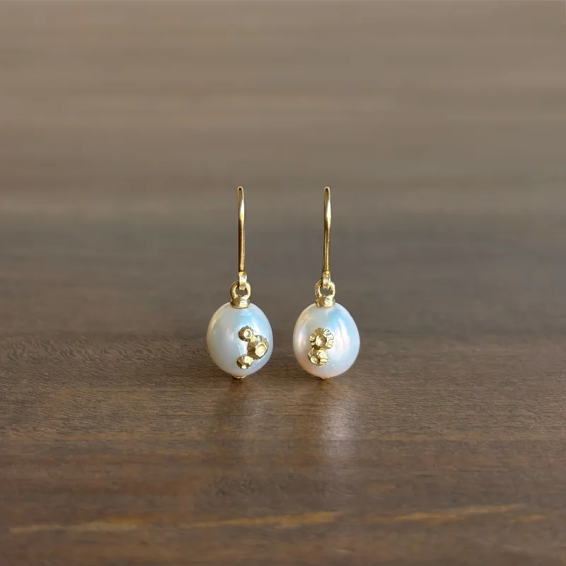 Women's art deco earrings-Moonshine Baroque Pearl Earrings with Gold Barnacles