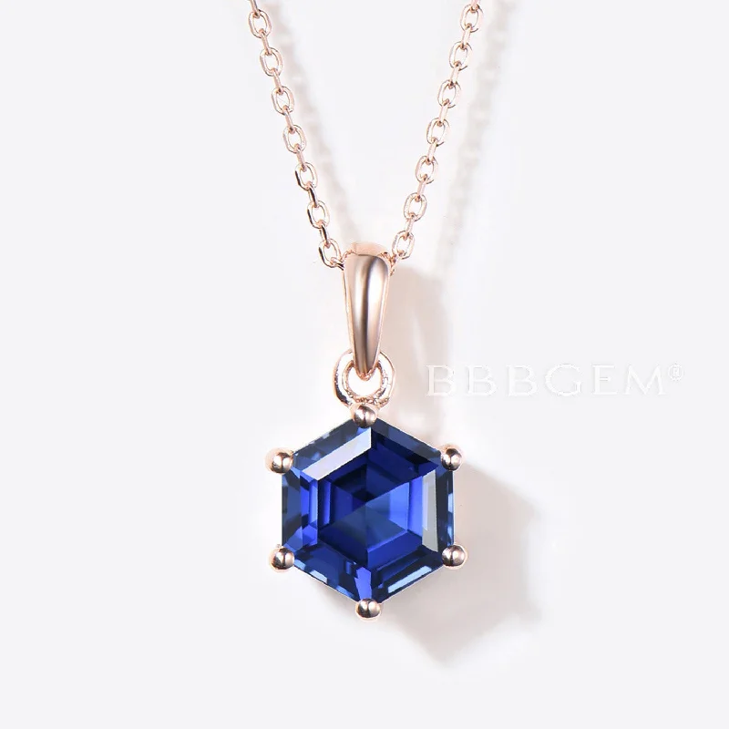 Women's graduation necklaces-Silver Hexagon Cut Blue Sapphire Necklace 14k/18k Rose Gold Necklace Vintage Sapphire Solitaire Wedding Pendant September Birthstone Necklace