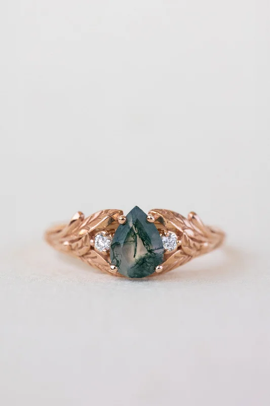 Women's gold rings-READY TO SHIP: Wisteria ring in 14K or 18K rose gold, pear moss agate, accents lab grown diamonds, RING SIZE: 5.75 - 8.75 US