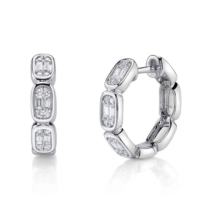 Women's modern design earrings-Shy Creation "Aleera Collection" .39CTW Diamond Baguette Octagon Huggie Hoop Earrings in 14K White Gold