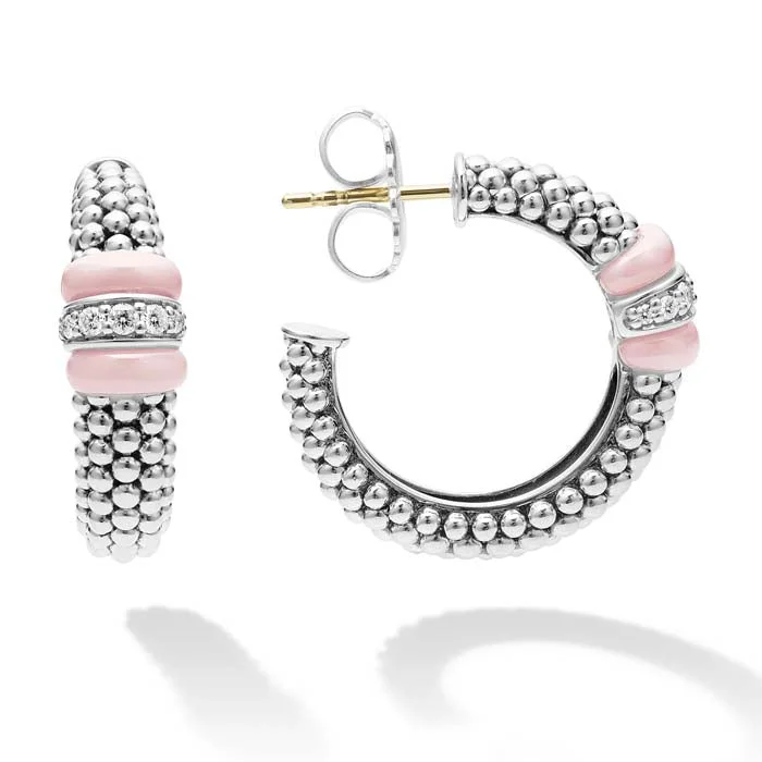 Women's Christmas earrings-LAGOS Pink Ceramic Caviar Diamond Hoop Earrings in Sterling Silver