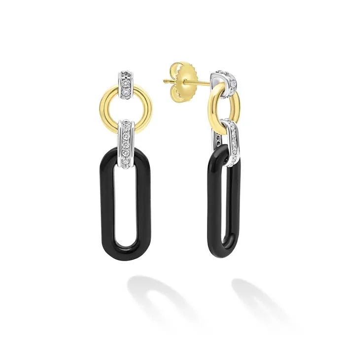 Minimalist women's earrings-LAGOS Black Ceramic Diamond Link Drop Earrings in 18K Yellow Gold and Sterling Silver