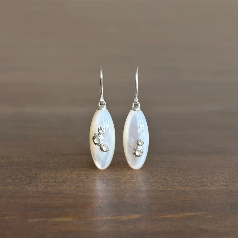 Women's modern design earrings-Medium Mother of Pearl Earrings with Silver Barnacles