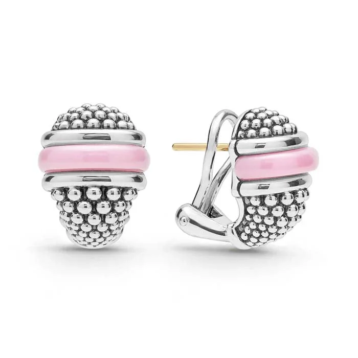 Affordable women's earrings-LAGOS Pink Ceramic Caviar Omega Clip Earrings in Sterling Silver