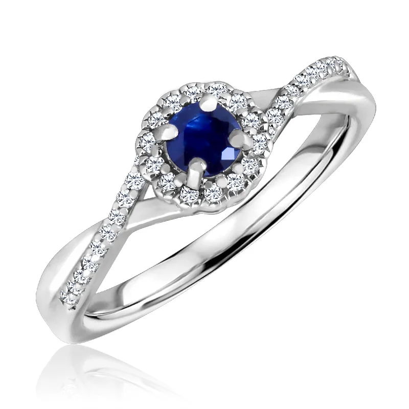 Women's limited edition rings-Blue Sapphire and Diamond Halo September Birthstone Ring in Sterling Silver