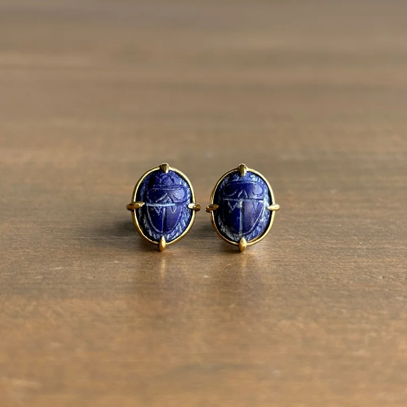 Modern women's earrings-Lapis Scarab Beetle Stud Earrings