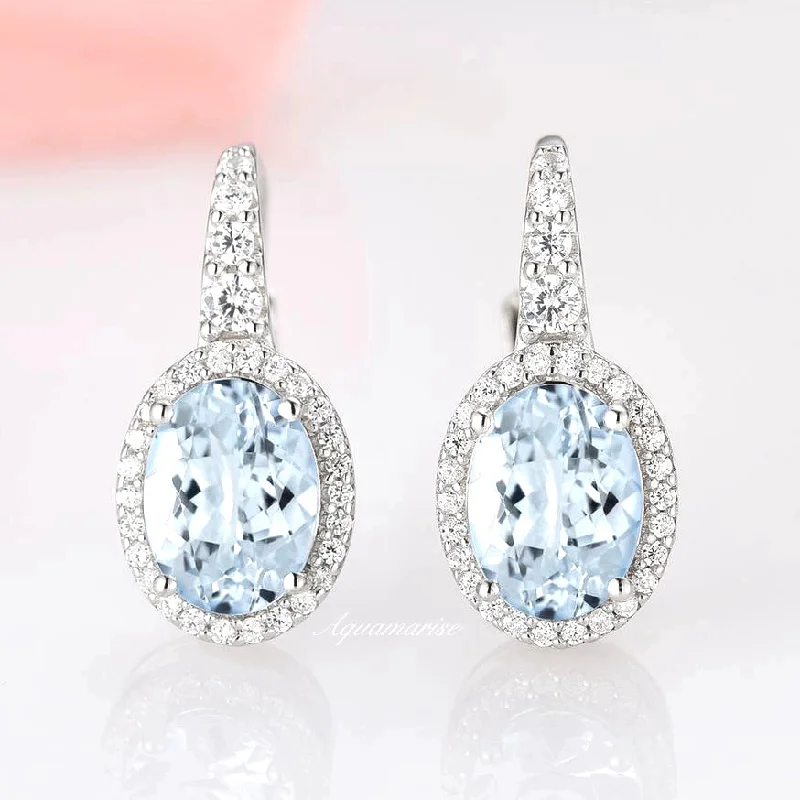 Women's stainless steel earrings-Oval Aquamarine Dangle Earrings- 925 Sterling Silver