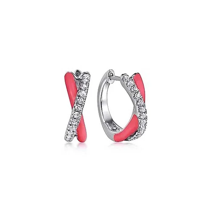 Trendy women's earrings-Gabriel White Sapphire and Pink Enamel Crossover Hoop Earrings in Sterling Silver