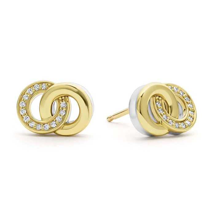 Women's threader earrings-LAGOS Signaure Caviar Two-Tone Interlocking Diamond Stud Earrings in Sterling Silver and 18K Yellow Gold