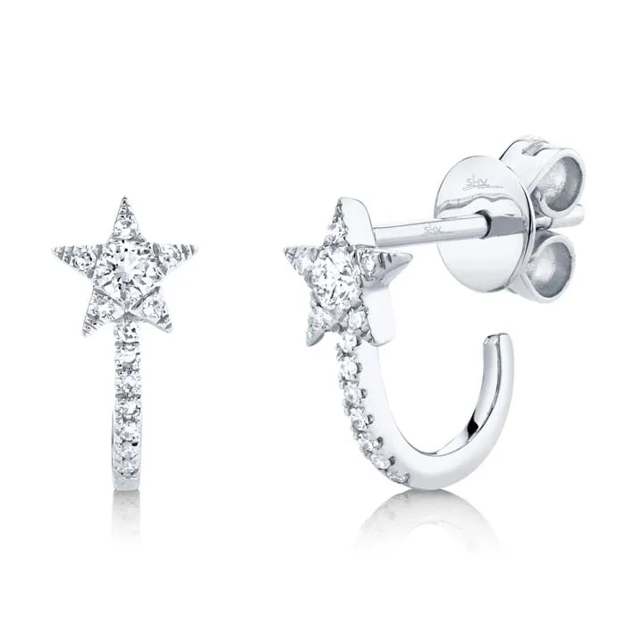 Women's sterling silver earrings-Shy Creation Diamond Star Huggie Earrings in 14K White Gold