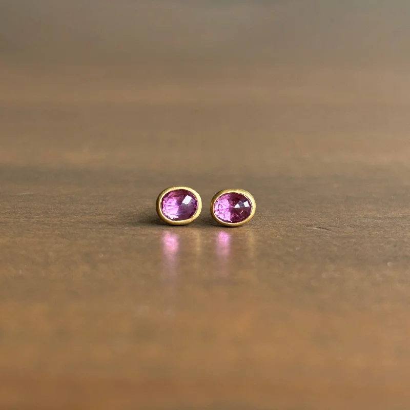 Women's statement earrings-Tiny Oval Pink Sapphire Stud Earrings