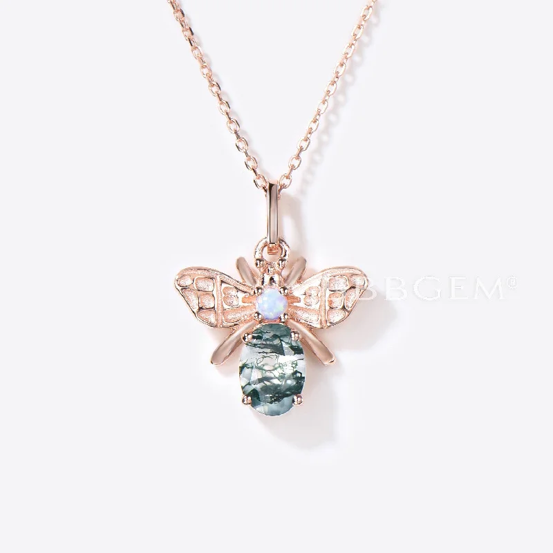 Women's long necklaces-14K Rose Gold Honey Bee Necklace Natural Oval Moss Agate Charm Pendant