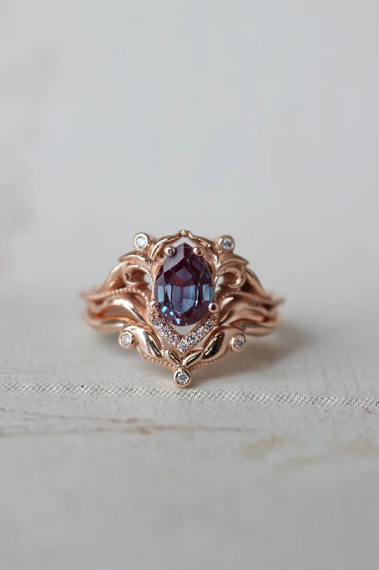 Women's exclusive rings-READY TO SHIP: Lida small in 14K rose gold, 7x5 mm pear cut lab alexandrite, moissanites, RING SIZE 3.5 - 6.5 US