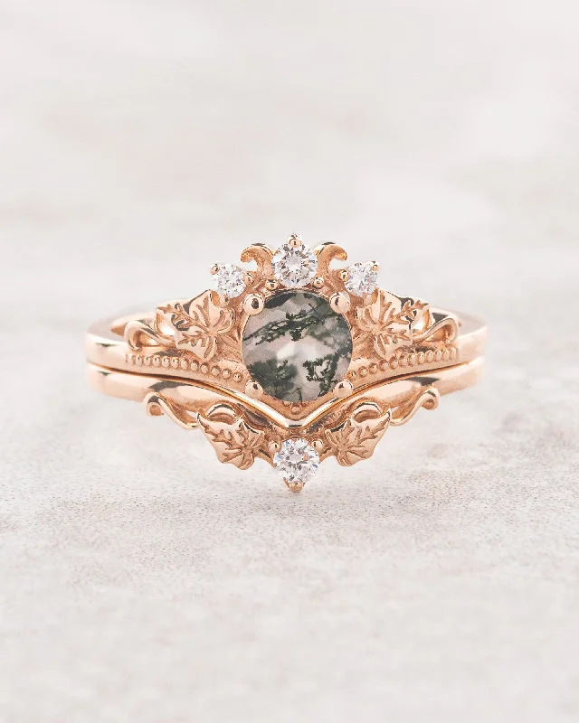 Women's cocktail rings-READY TO SHIP: Ariadne bridal ring set in 18K rose gold, natural moss agate 5 mm, accents moissanites, AVAILABLE RING SIZES: 8.5 - 11.5 US