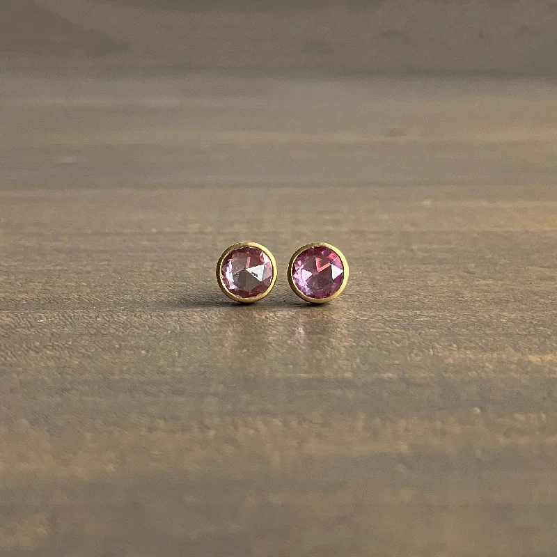 Women's leather earrings-Round Pink Sapphire Studs