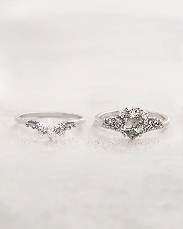 Women's K gold rings-READY TO SHIP: Ariadne bridal ring set in 18K white gold, natural moss agate 5 mm, accent moissanites, AVAILABLE RING SIZES: 8.5 - 11.5 US