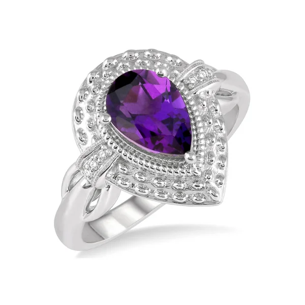 Women's moon phase rings-1/50 ctw Pear Shape 9x6mm Amethyst & Round Cut Diamond Semi Precious Ring in Sterling Silver