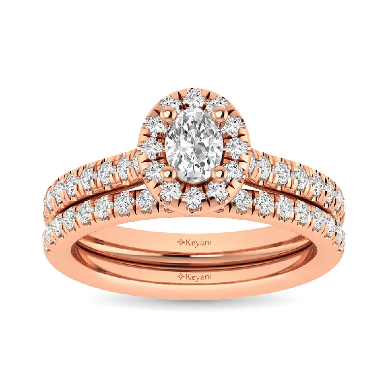 High-end women's rings-Diamond Classic Shank Single Halo Bridal Ring 1 ct tw Oval Cut in 14K Rose Gold