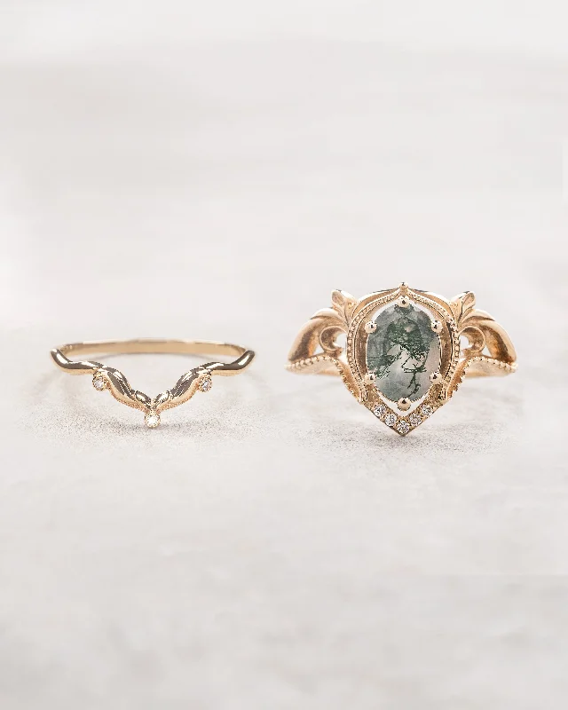 Women's handmade artisan rings-READY TO SHIP: Lida ring set in 18K yellow gold, oval moss agate 8x6 mm, moissanites, RING SIZE 5.5 - 8.5 US