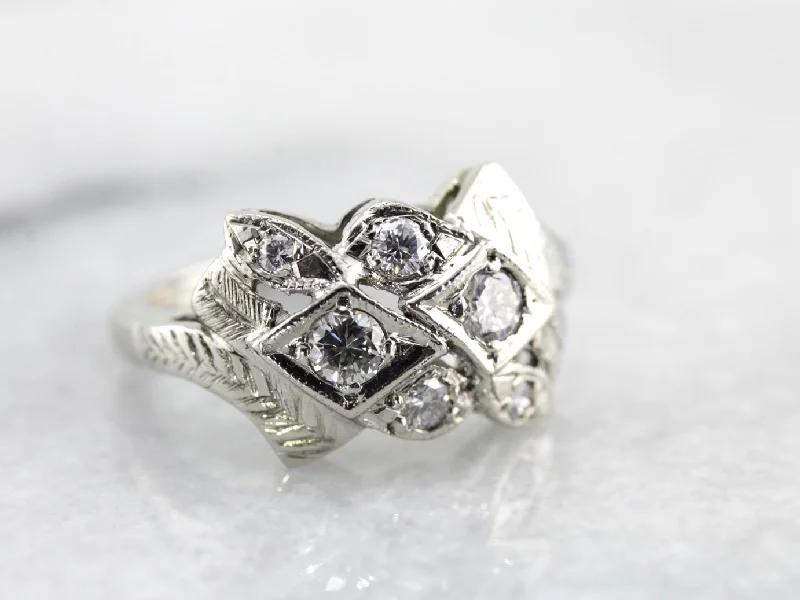 Women's diamond rings-Retro Era Diamond Cocktail Ring in White Gold, Versatile Statement Piece