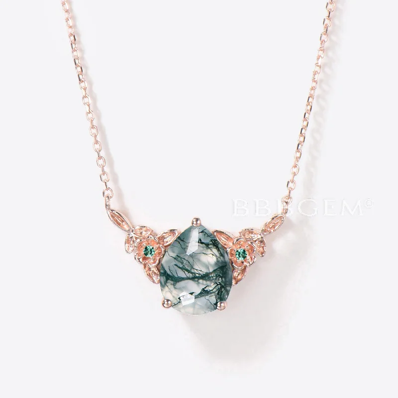 Women's ethical necklaces-Pear Shaped Natural Moss Agate Necklace Rose Gold Floral Emerald Pendant