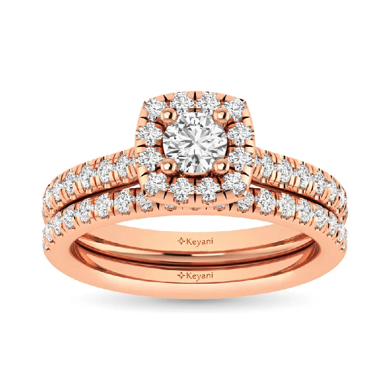 Women's personalized rings-Diamond Classic Shank Single Halo Bridal Ring 1 ct tw Round Cut in 14K Rose Gold