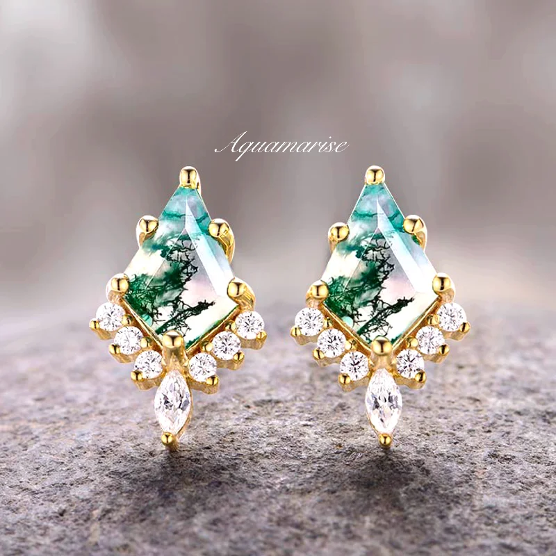 Women's titanium earrings-Skye Kite™  Kite Green Moss Agate Stud Earrings- 14K Yellow Gold Vermeil