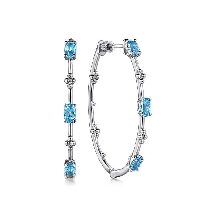 Women's gold-plated earrings-Gabriel & Co. Bujukan Swiss Blue Topaz Classic Hoop Earrings in Sterling Silver