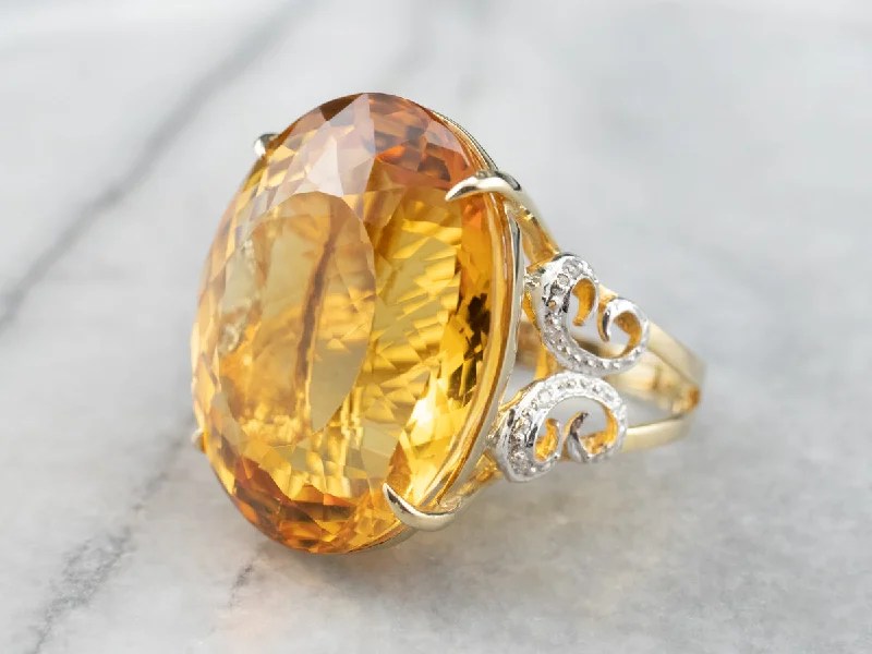 Women's rose gold rings-Large Citrine Diamond Gold Cocktail Ring