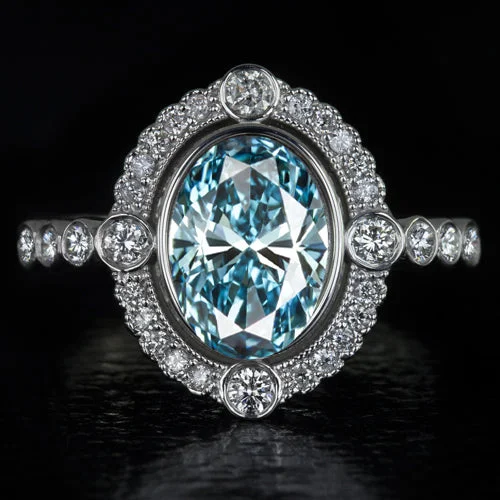 Women's moon phase rings-1ct FANCY VIVID BLUE LAB CREATED DIAMOND COCKTAIL RING VINTAGE STYLE HALO OVAL