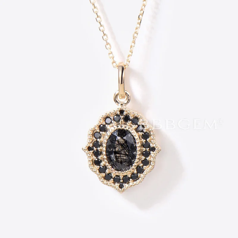 Women's formal necklaces-Vintage Black Rutilated Quartz Halo Necklace 14K Solid Gold Natural Black Gemstone Pendant Layer Black Spinel Necklace Antique Milgrain Necklace